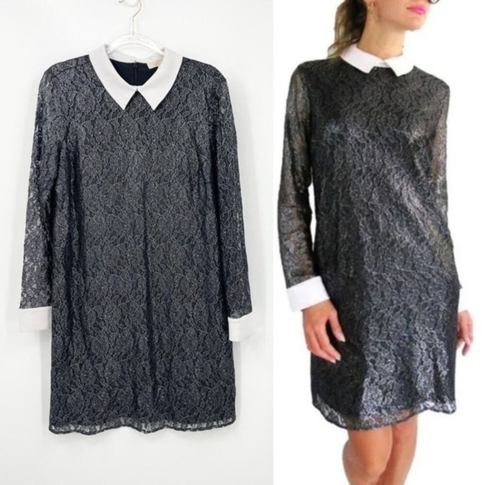 Michael Kors Floral Silver Metallic Lace Shift Shirt Mini Dress Size 12